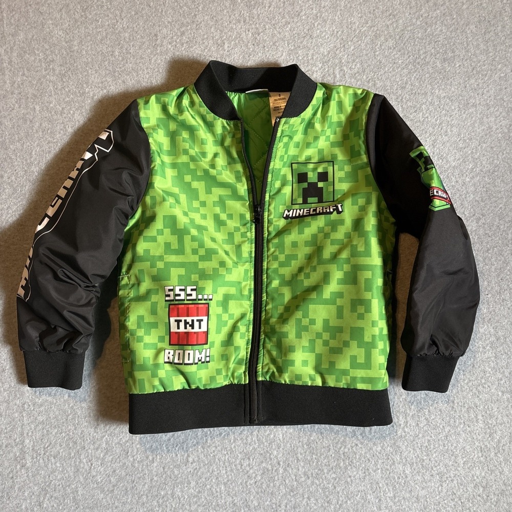 Minecraft Bomber Jacket Boys Size 8 TNT Zombie Graphics Zip Up Green Very Good